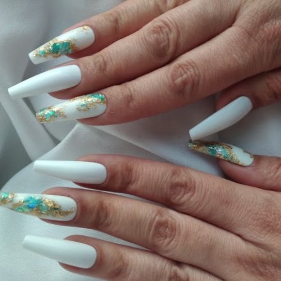 White/aqua and Gold flake Geode gem press on nails pPN44 - Picture 2 of 7